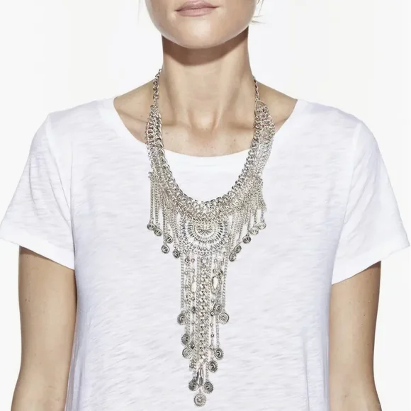 NWT Eye Candy Luna Coin Silver Necklace Bohemian Fringe Maximalism Eclectic - Picture 2 of 7
